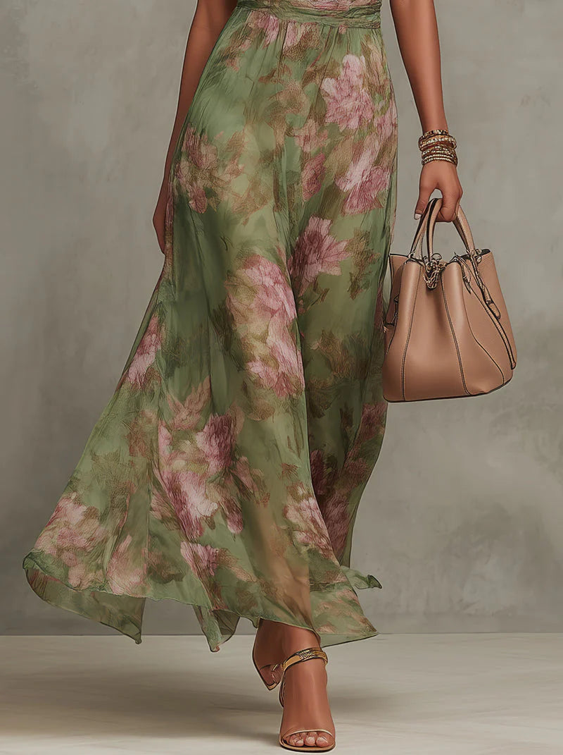 Paula - Vestido largo verde con estampado floral de gasa y cuello halter