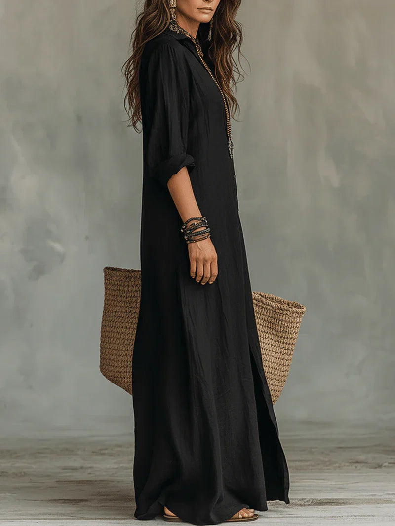 Andrea - Vestido largo negro holgado con botones