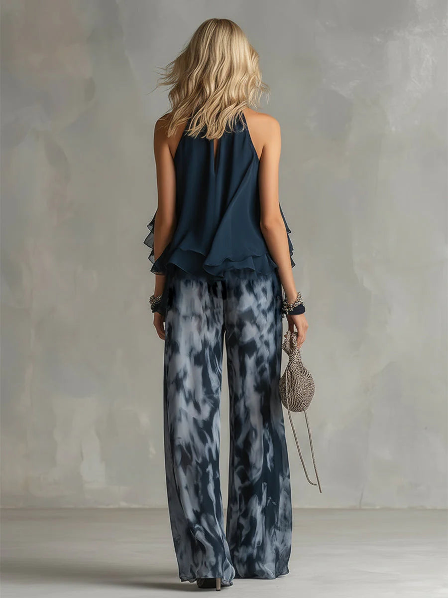 Laura - un elegante conjunto de gasa con top de cuello alto y pantalones anchos estampados
