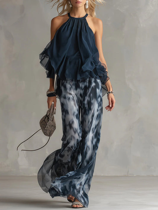 Laura - un elegante conjunto de gasa con top de cuello alto y pantalones anchos estampados