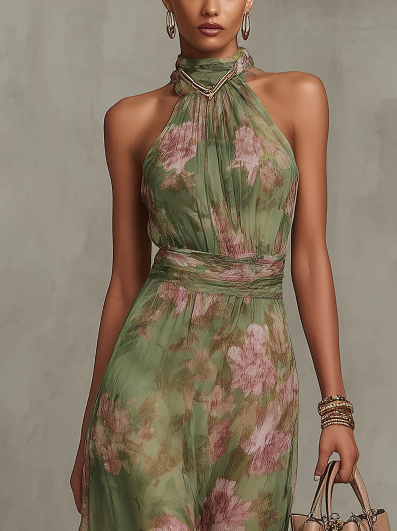 Paula - Vestido largo verde con estampado floral de gasa y cuello halter