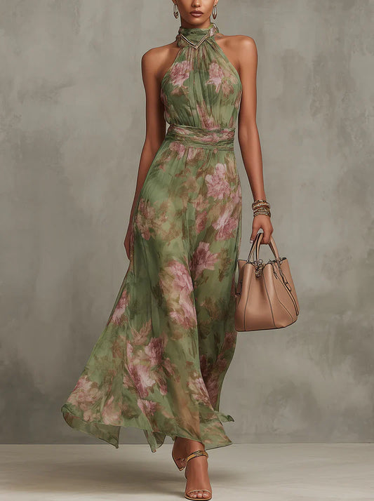 Paula - Vestido largo verde con estampado floral de gasa y cuello halter