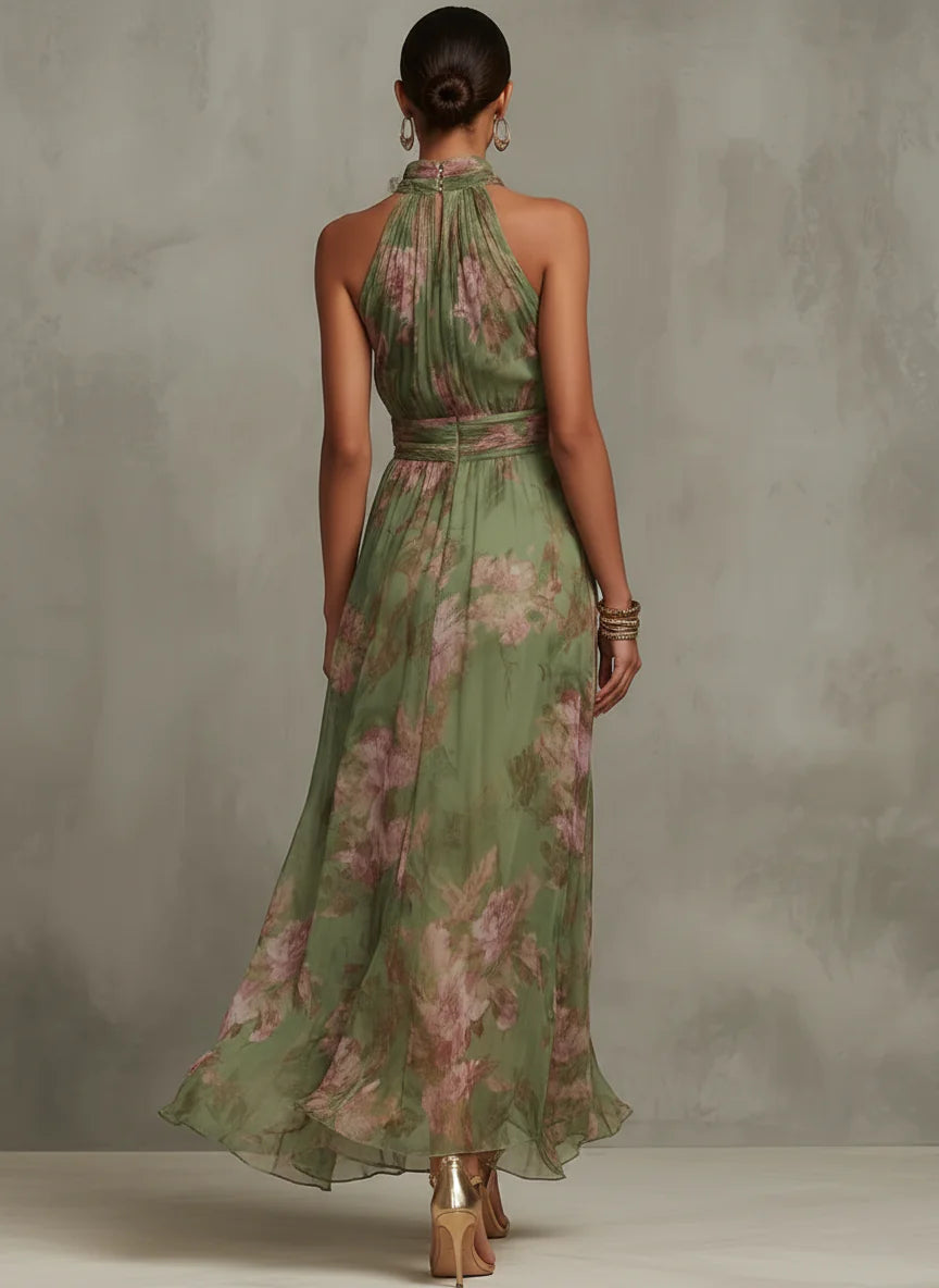 Paula - Vestido largo verde con estampado floral de gasa y cuello halter