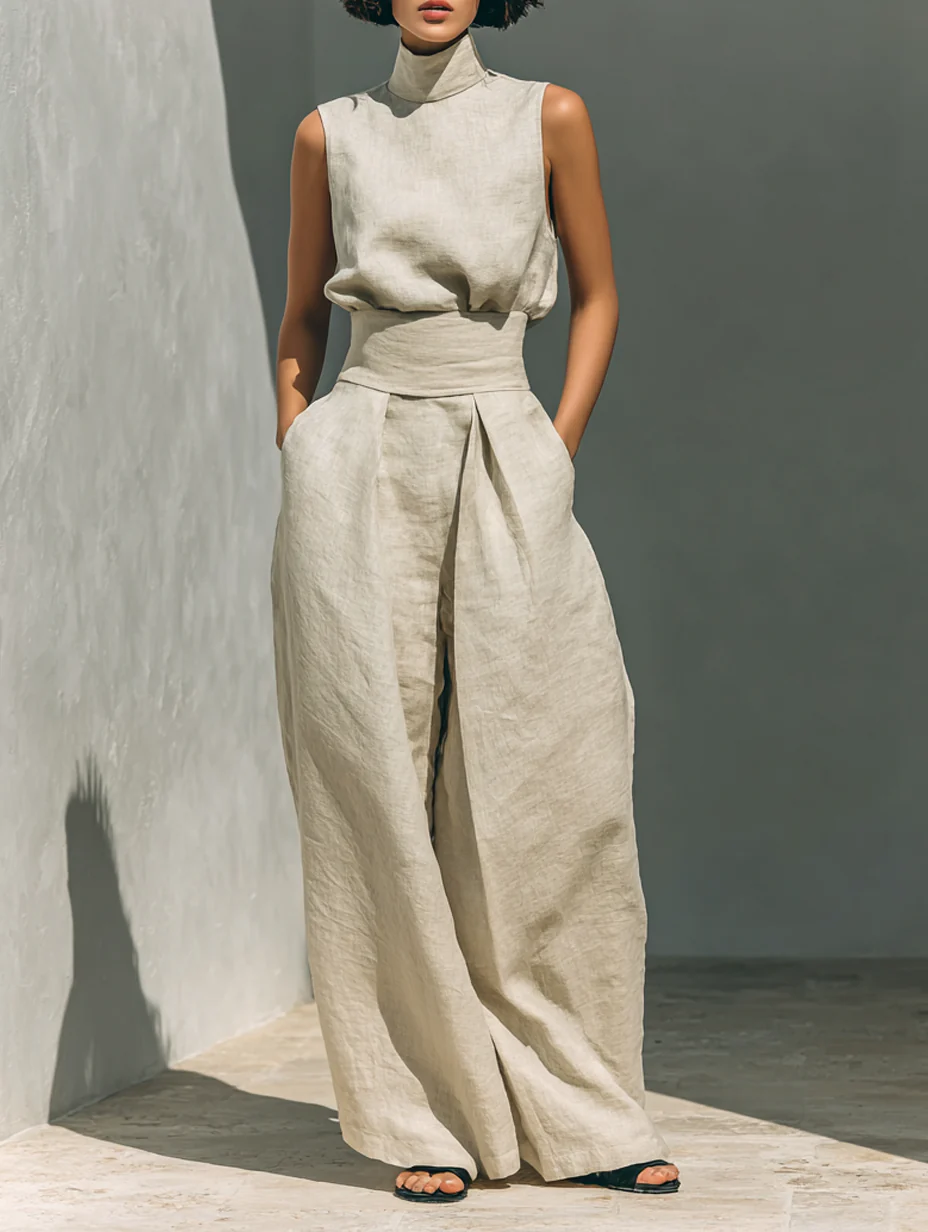 Claudia - Conjunto de camiseta sin mangas y pantalones anchos de algodón y lino, de estilo minimalista, para mujer