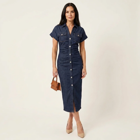 Maya - Vestido midi ajustado de vaquero con botones en la parte delantera