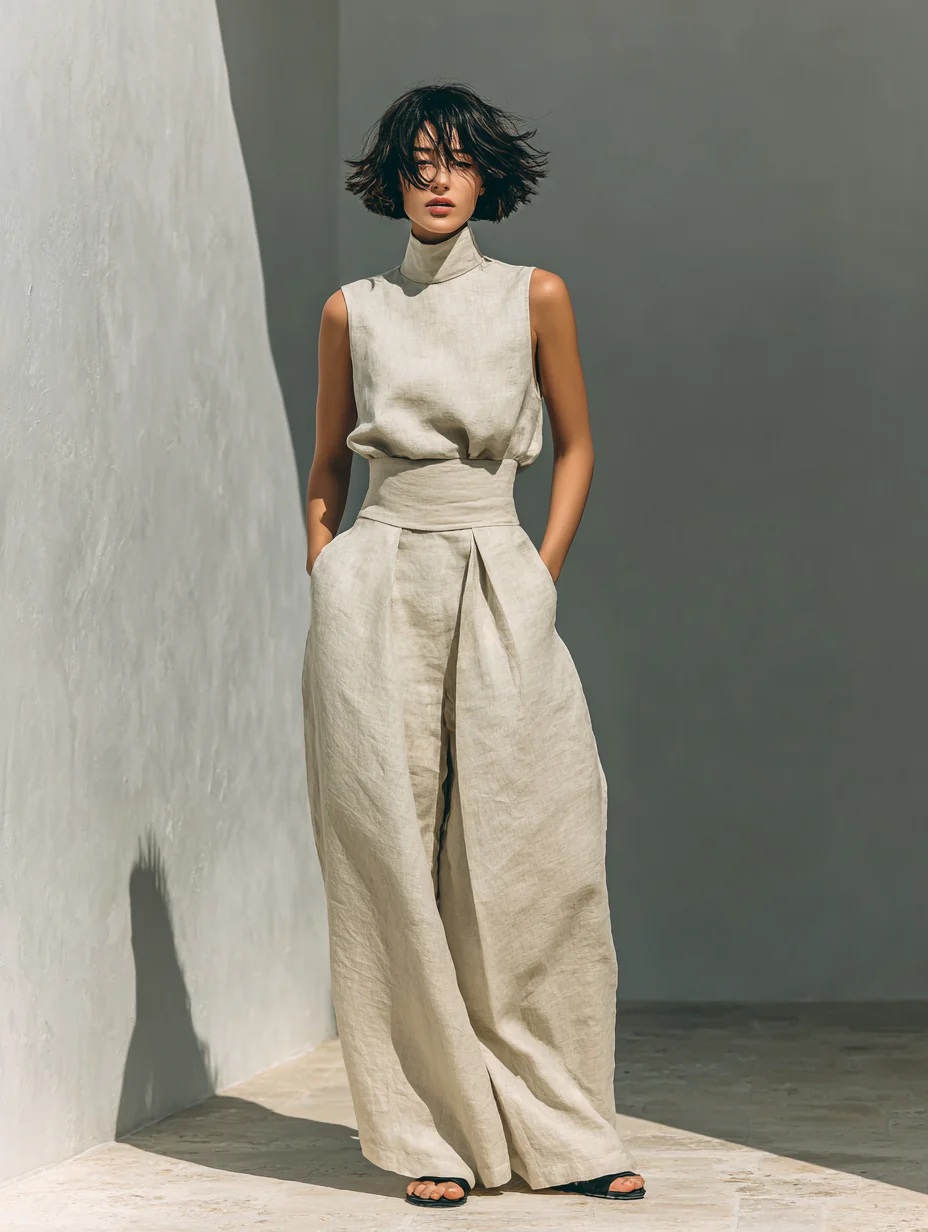 Claudia - Conjunto de camiseta sin mangas y pantalones anchos de algodón y lino, de estilo minimalista, para mujer