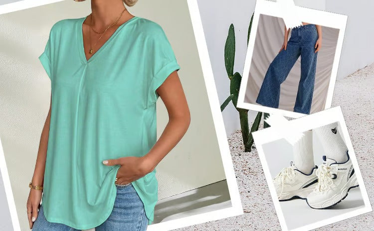 Bella - Camiseta de manga corta, lisa y con diseño de patchwork