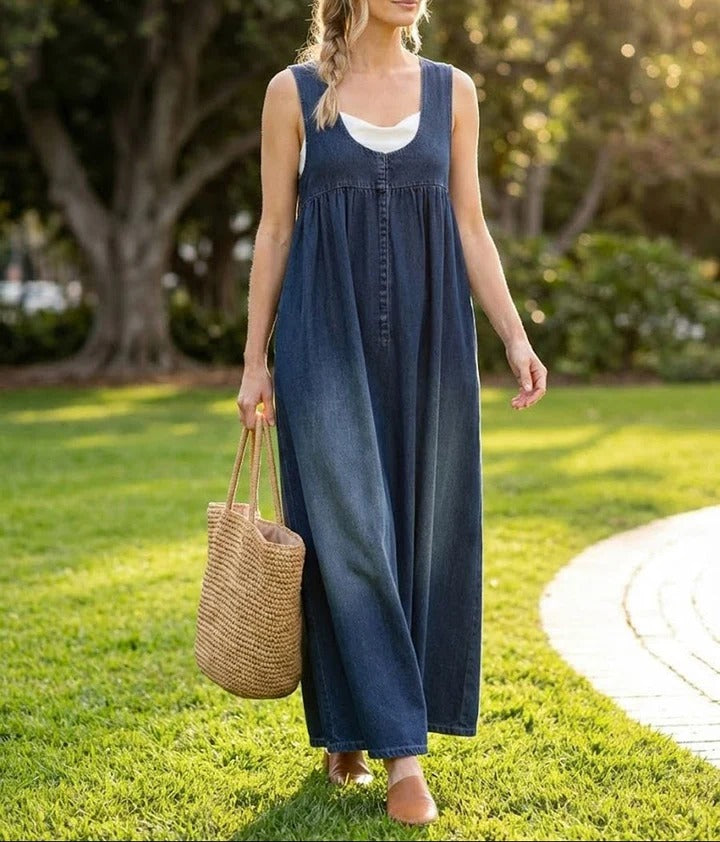 Karen - Vestido largo de vaquero lavado con efecto vintage y un toque de algodón suave