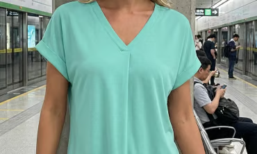 Bella - Camiseta de manga corta, lisa y con diseño de patchwork