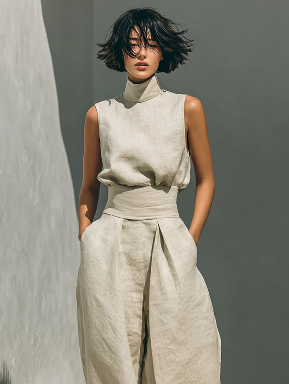 Claudia - Conjunto de camiseta sin mangas y pantalones anchos de algodón y lino, de estilo minimalista, para mujer