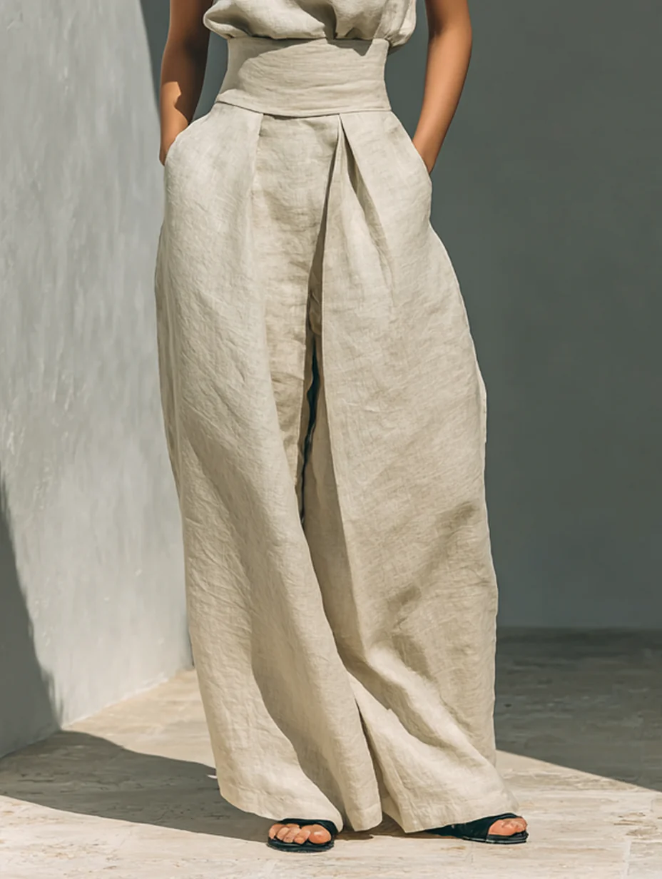 Claudia - Conjunto de camiseta sin mangas y pantalones anchos de algodón y lino, de estilo minimalista, para mujer