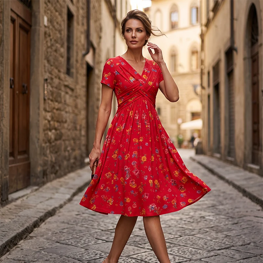 Belen - Vestido de estampado floral con escote en V y detalle retorcido en la cintura: elegante y desenfadado, ideal para cualquier ocasión
