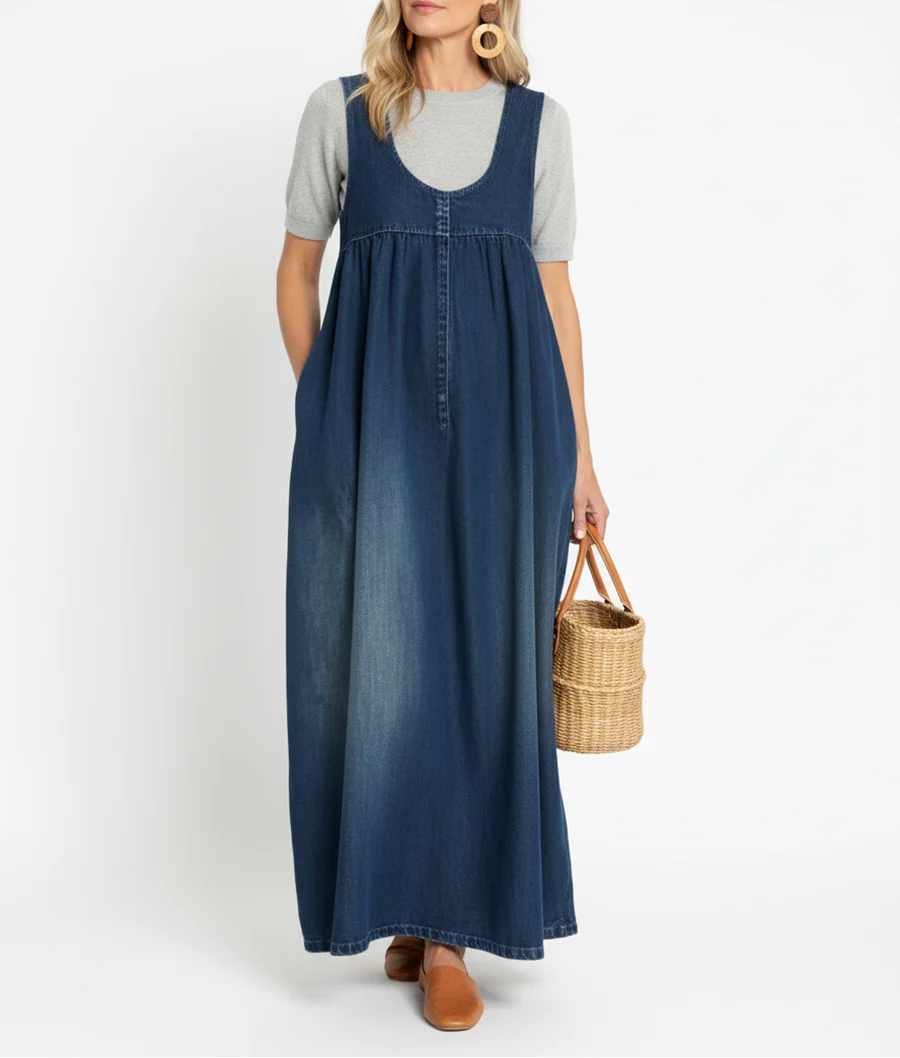 Karen - Vestido largo de vaquero lavado con efecto vintage y un toque de algodón suave