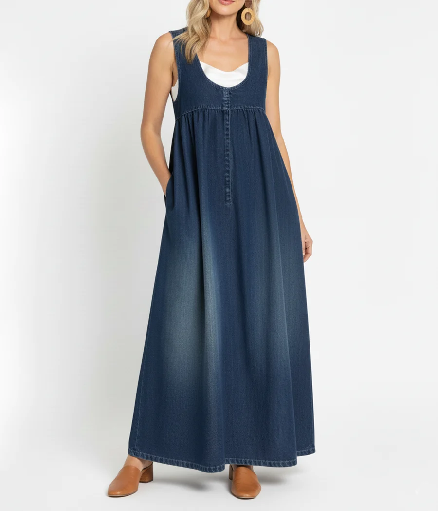 Karen - Vestido largo de vaquero lavado con efecto vintage y un toque de algodón suave