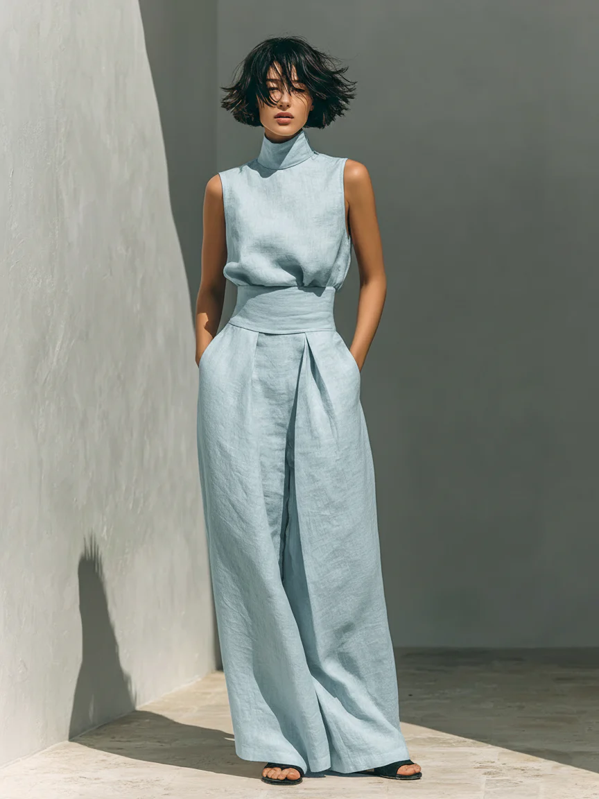 Claudia - Conjunto de camiseta sin mangas y pantalones anchos de algodón y lino, de estilo minimalista, para mujer