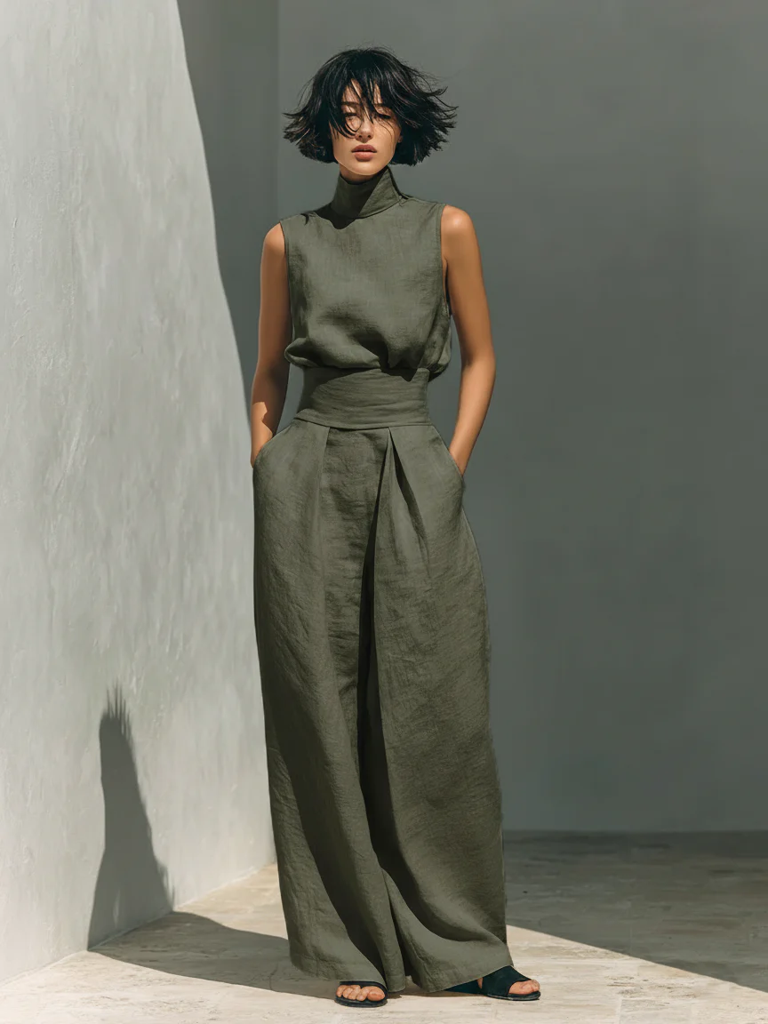 Claudia - Conjunto de camiseta sin mangas y pantalones anchos de algodón y lino, de estilo minimalista, para mujer
