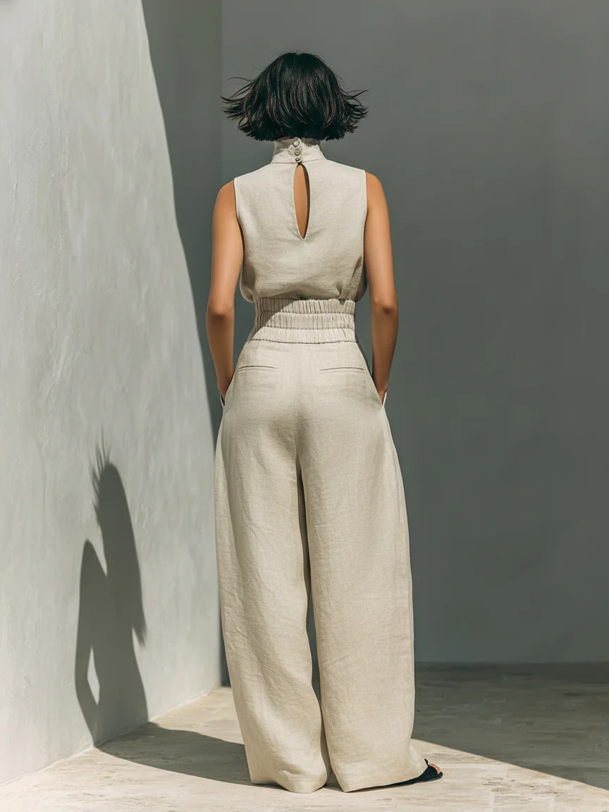 Claudia - Conjunto de camiseta sin mangas y pantalones anchos de algodón y lino, de estilo minimalista, para mujer
