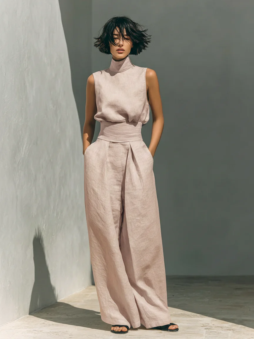 Claudia - Conjunto de camiseta sin mangas y pantalones anchos de algodón y lino, de estilo minimalista, para mujer